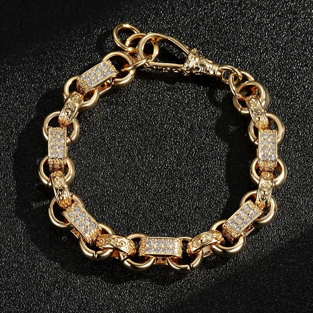 Luxury Gold 10mm Gypsy Link with Stones Belcher Bracelet with Albert Clasp