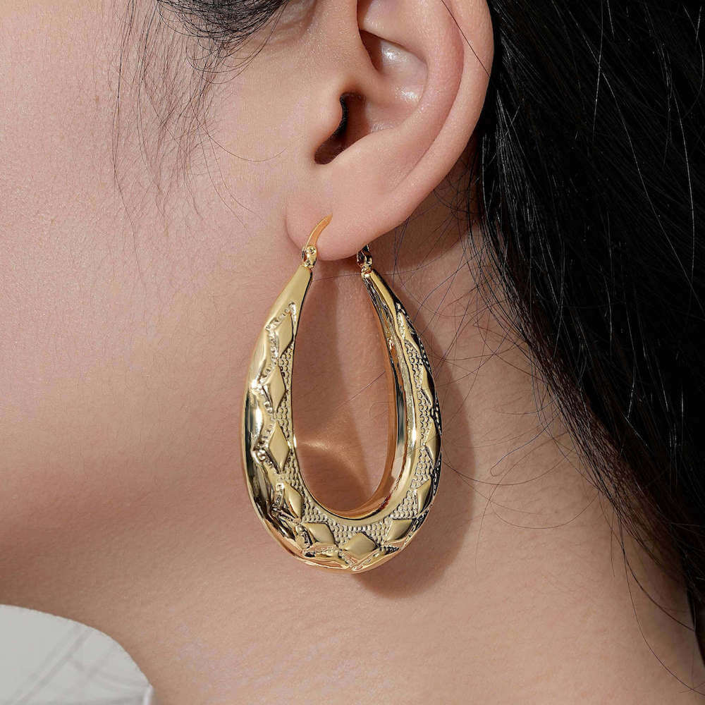 Premium Gold 50mm Oval Diamond Pattern Creole Hoop Earrings