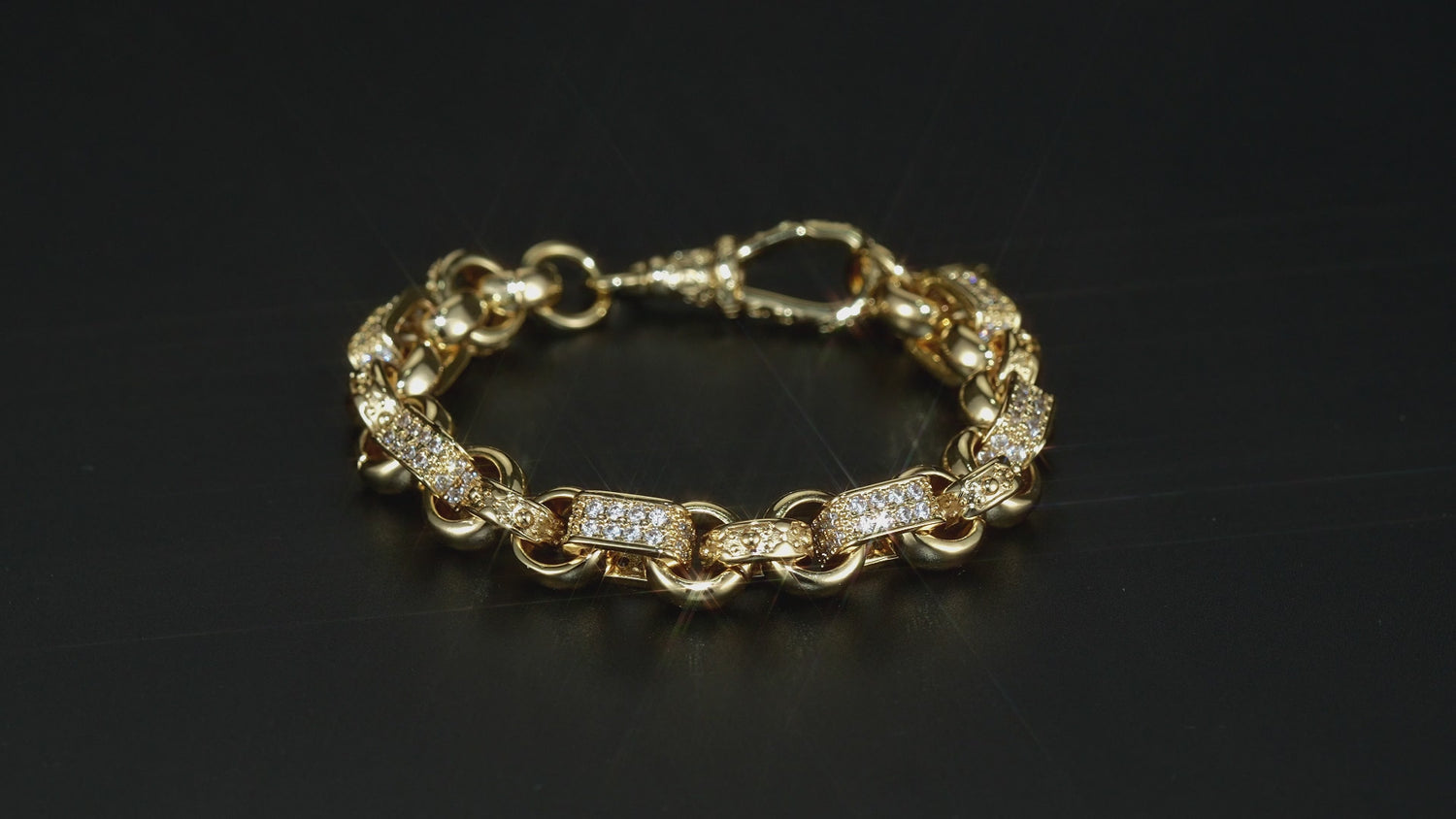 Luxury Gold 10mm Gypsy Link with Stones Belcher Bracelet with Albert Clasp