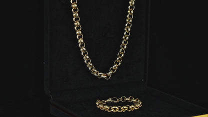 Luxury Gold 12mm Diamond Cut Pattern Belcher Chain and Bracelet with Albert Clasp Set (24 &amp; 8 Inches)