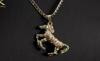 Premium Gold Horse Pendant with Pink Stones and 4mm Cuban Link Chain