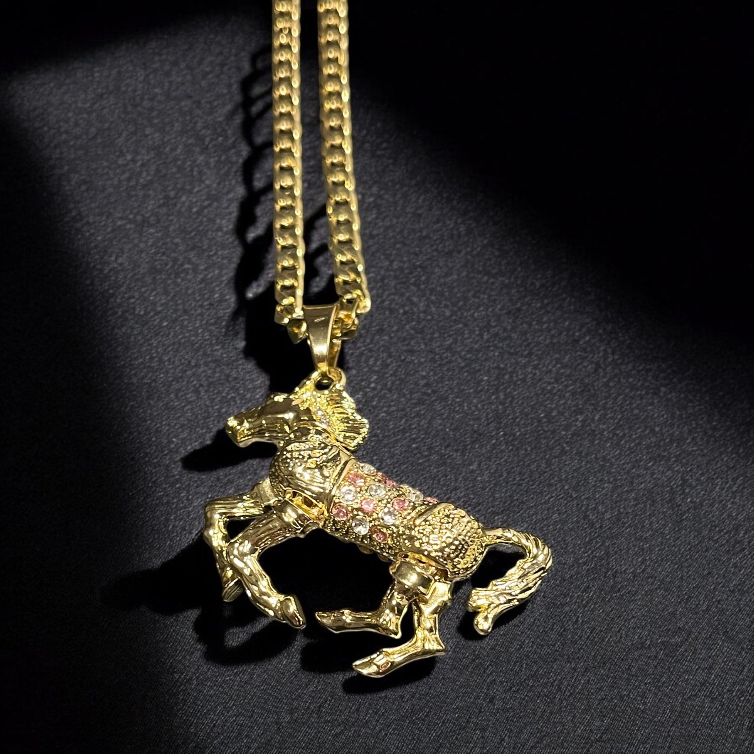 Gold Horse Pendant with Pink Stones 24 Inch 4mm Cuban Chain