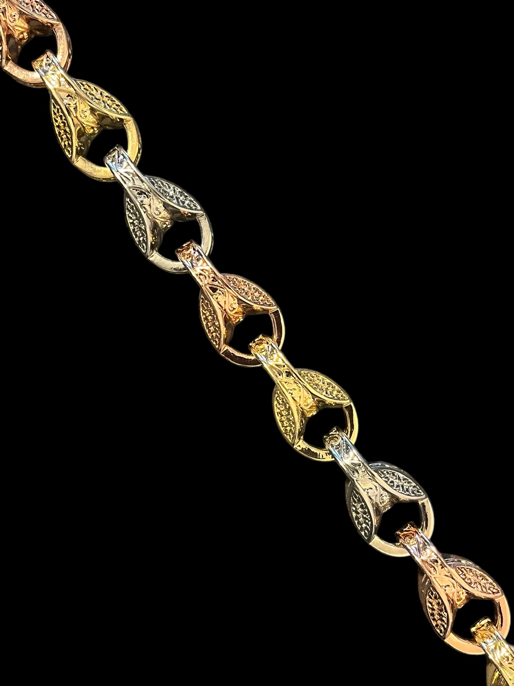 3-tone tulip bracelet, 12mm wide, 8/9 inches, 72 grams, gold, rose gold, and silver finish.