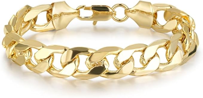 8-inch Cuban bracelet, 12mm wide, gold-plated curb style, 36g weight.