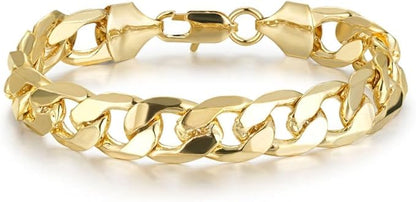 8-inch Cuban bracelet, 12mm wide, gold-plated curb style, 36g weight.