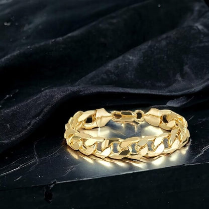 Gold-plated 12mm Cuban bracelet, 8 inches, curb chain, 36g weight.