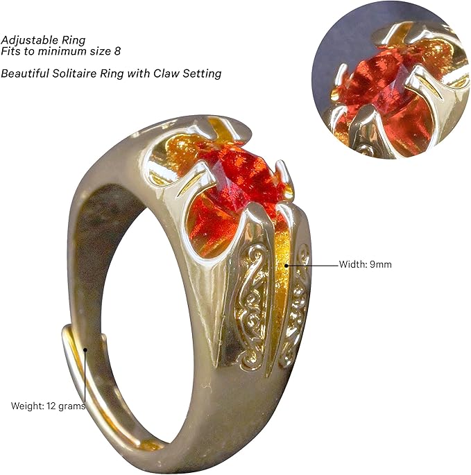 9mm Gold Solitaire Gypsy Ring with Red Crystal Adjustable