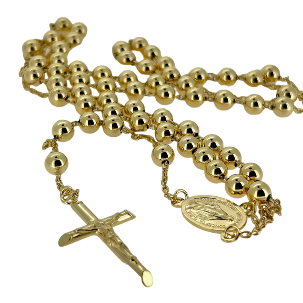 9ct Yellow Gold Rosary Bead Necklace Chain with Madonna