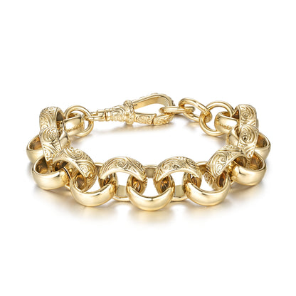 18mm wide big gold Belcher bracelet, 8 inches, 50 grams, crystal pattern.