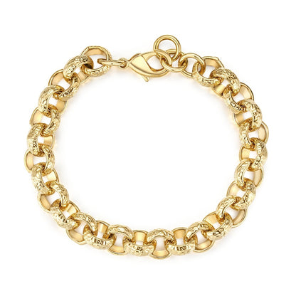 	8-inch gold diamond-cut Belcher bracelet, 12mm wide, 51g weight, gold-filled.