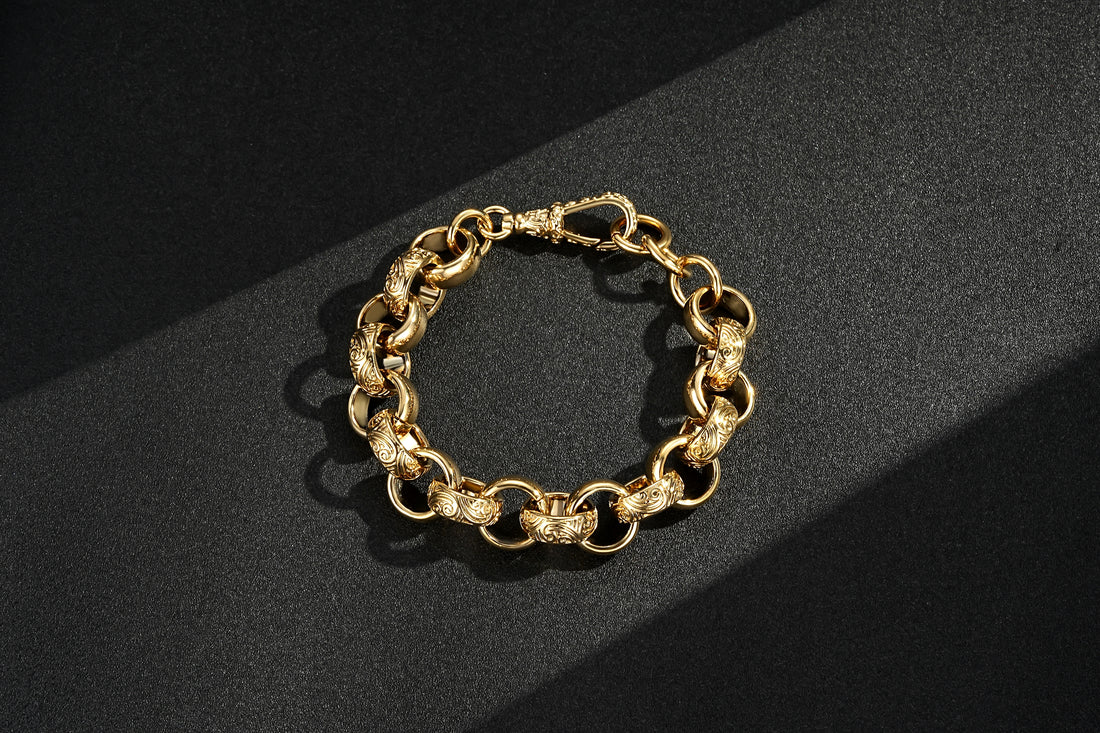 18mm wide big gold Belcher bracelet, 8 inches, 50 grams, crystal pattern.