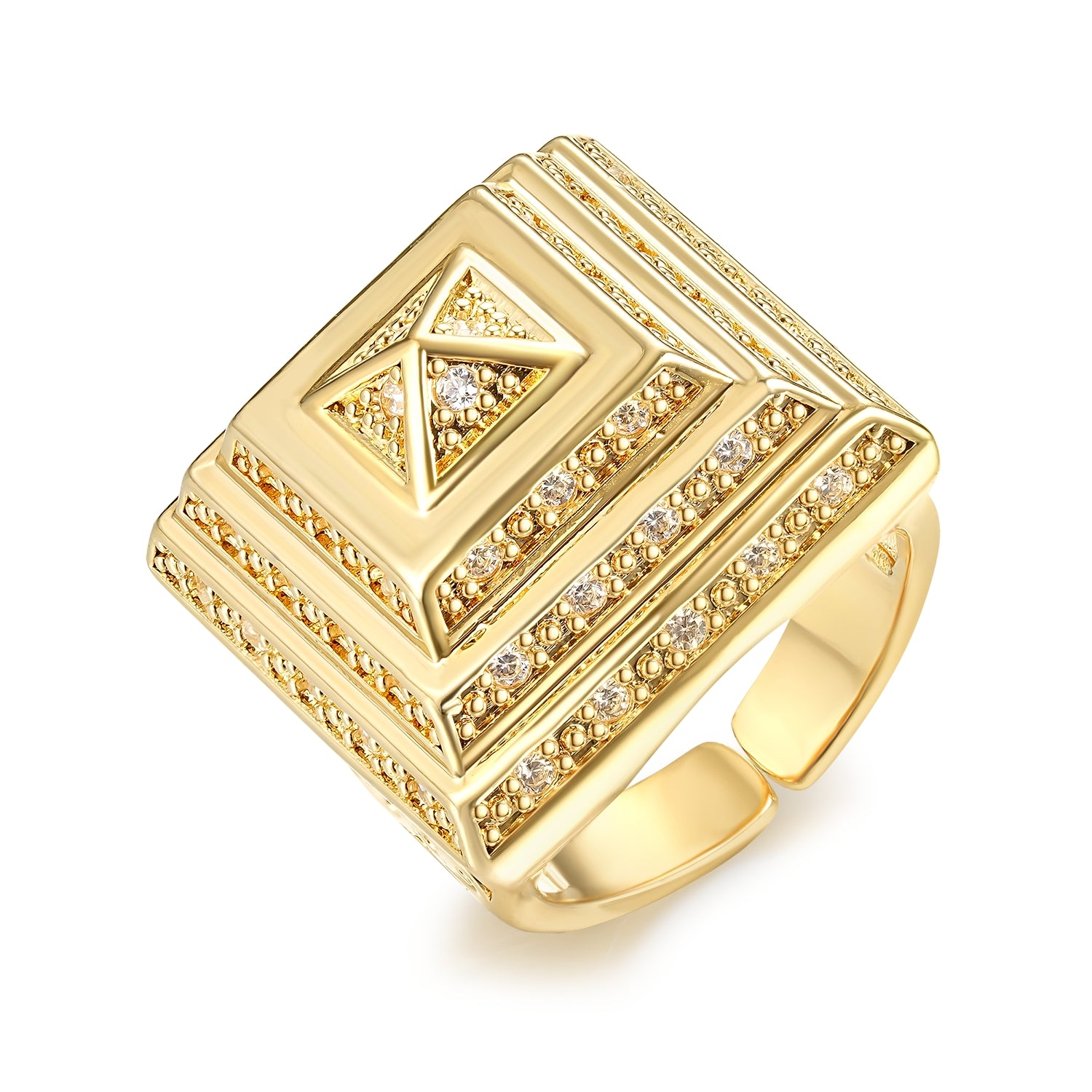 Side view of adjustable gold pyramid ring