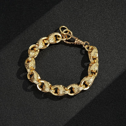 12mm wide gold tulip bracelet, 8-9 inches long, 63 grams, 3D floral pattern.