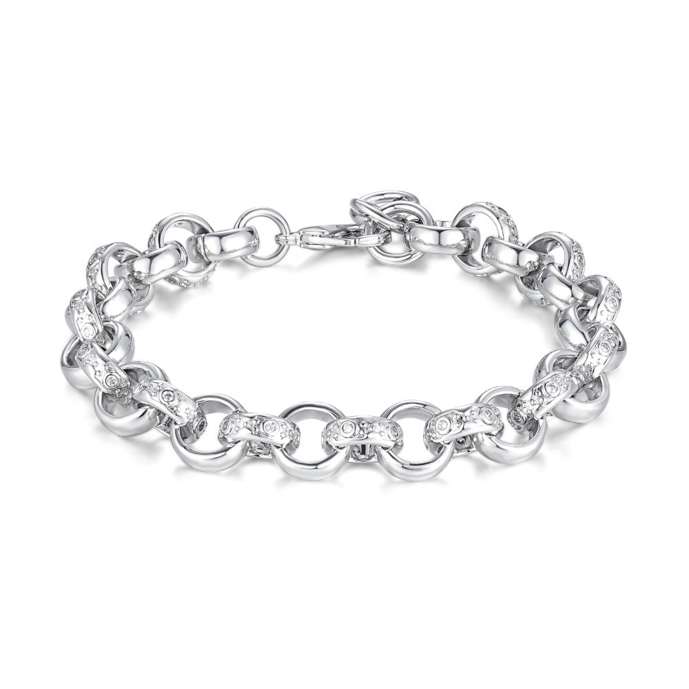 12mm wide big silver crystal Belcher bracelet, 8 inches long, 50 grams.