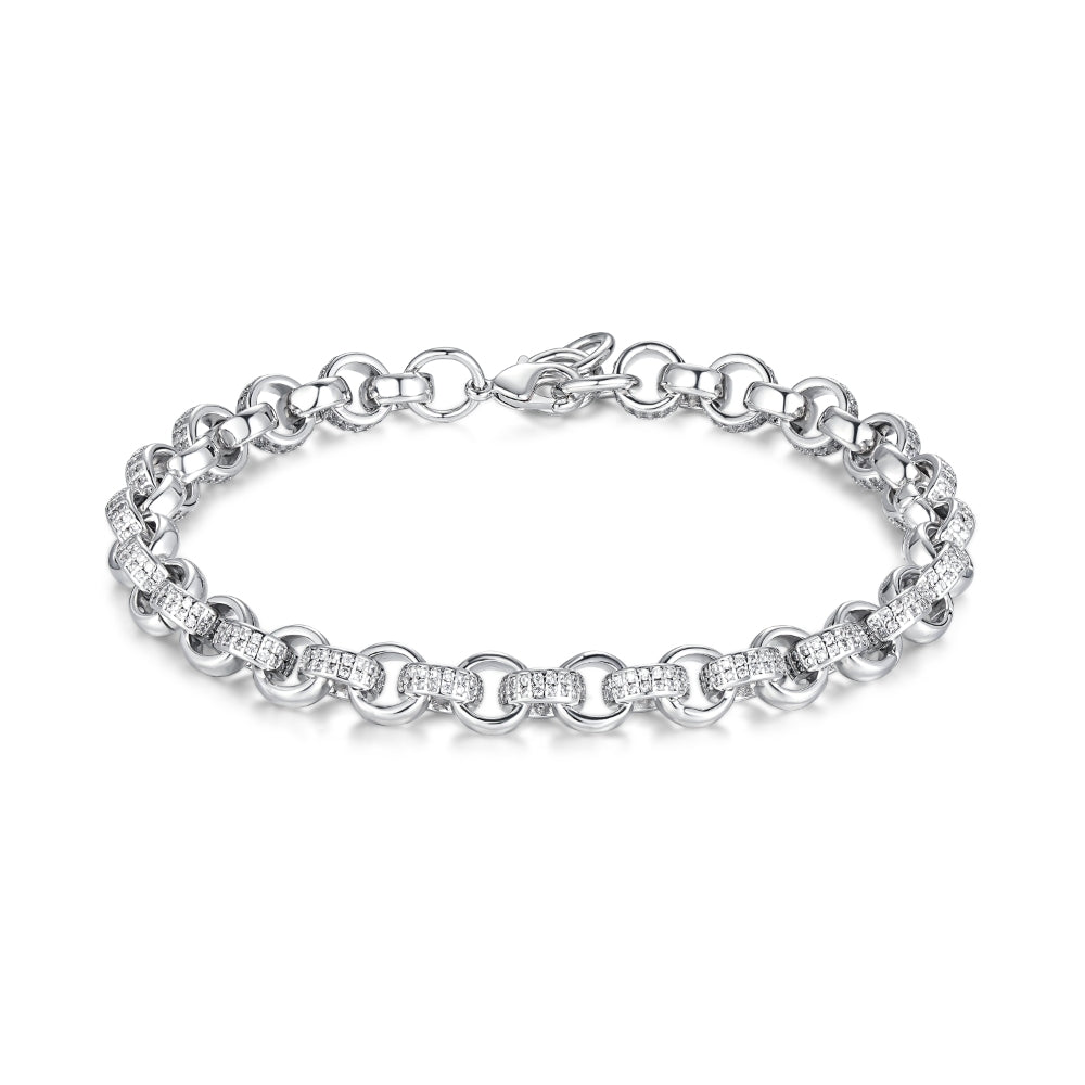 8mm silver Belcher bracelet with Cubic Zirconia stones, 8/9 inch, 29 grams.