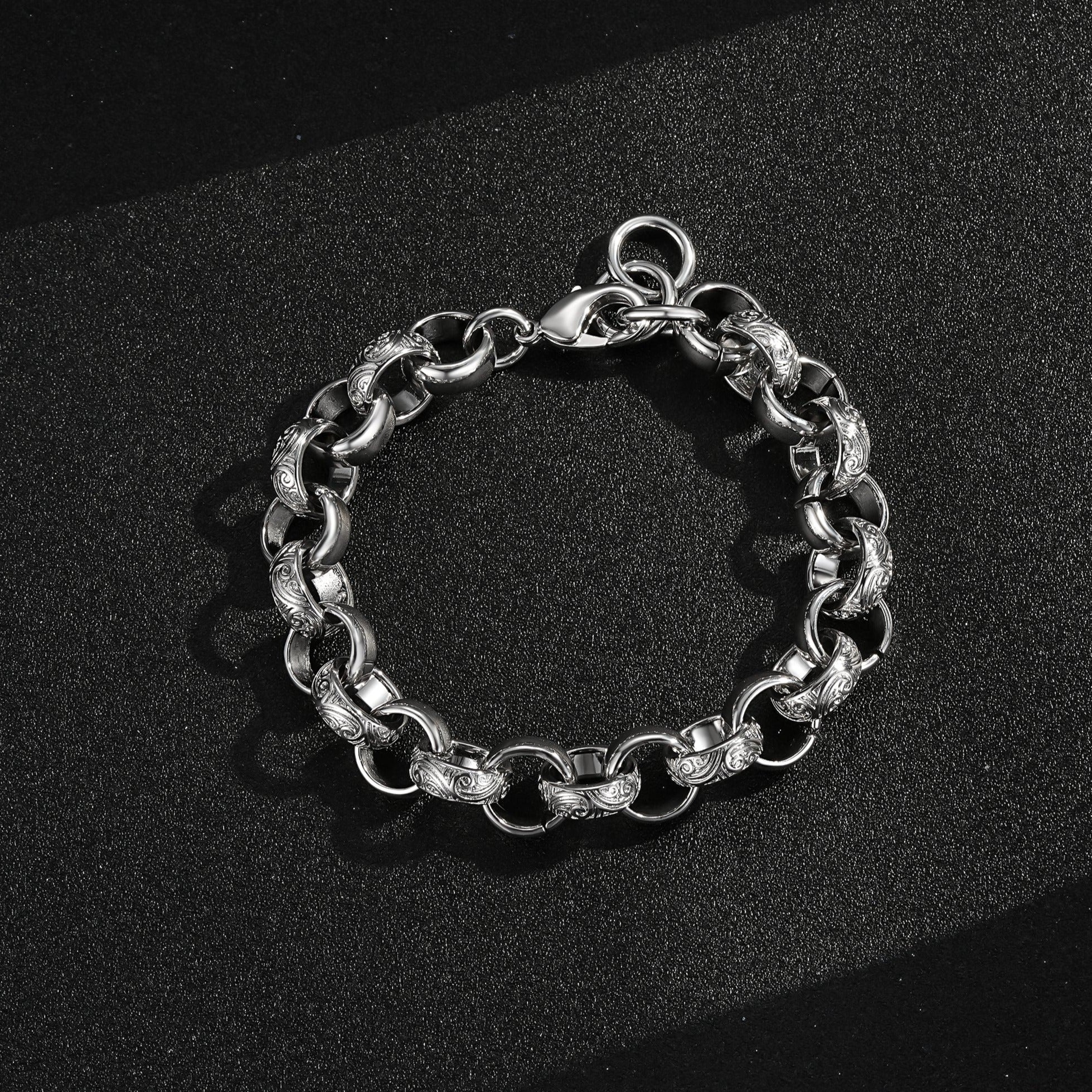 Big silver Belcher bracelet with ornate pattern, 15mm wide, 8/9.3 inches, 72 grams.