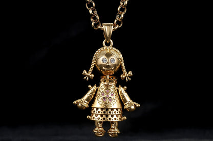 New Gold Filled Bonded Heart Rag Doll Pendant with Pink Stones on 22-Inch, 5mm Belcher Chain