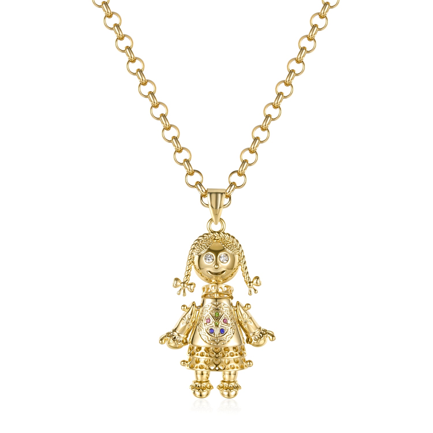 New Gold Rag Doll Pendant with Clear Stones on 22-Inch, 5mm Belcher Chain