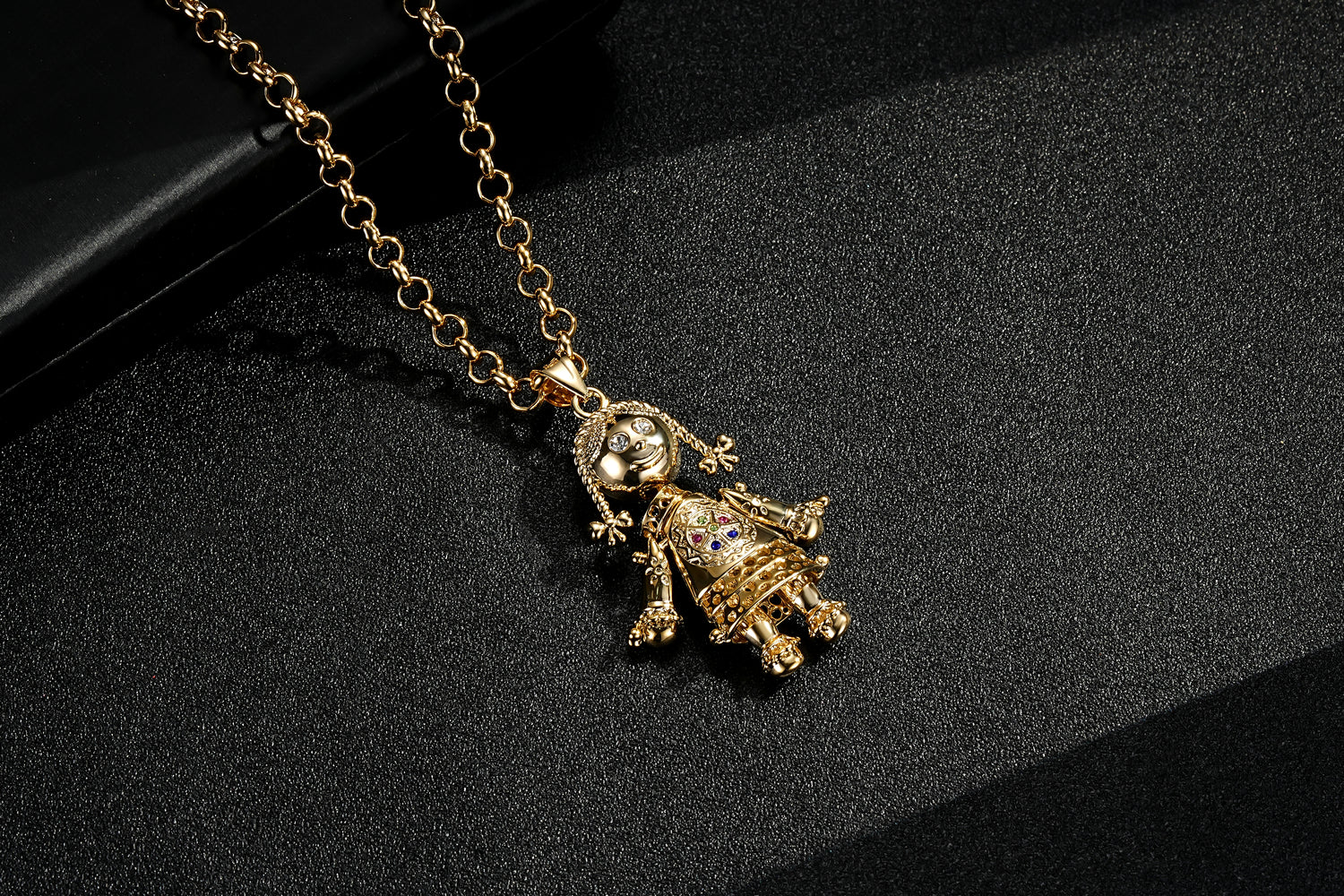 New Gold Rag Doll Pendant with Clear Stones on 22-Inch, 5mm Belcher Chain