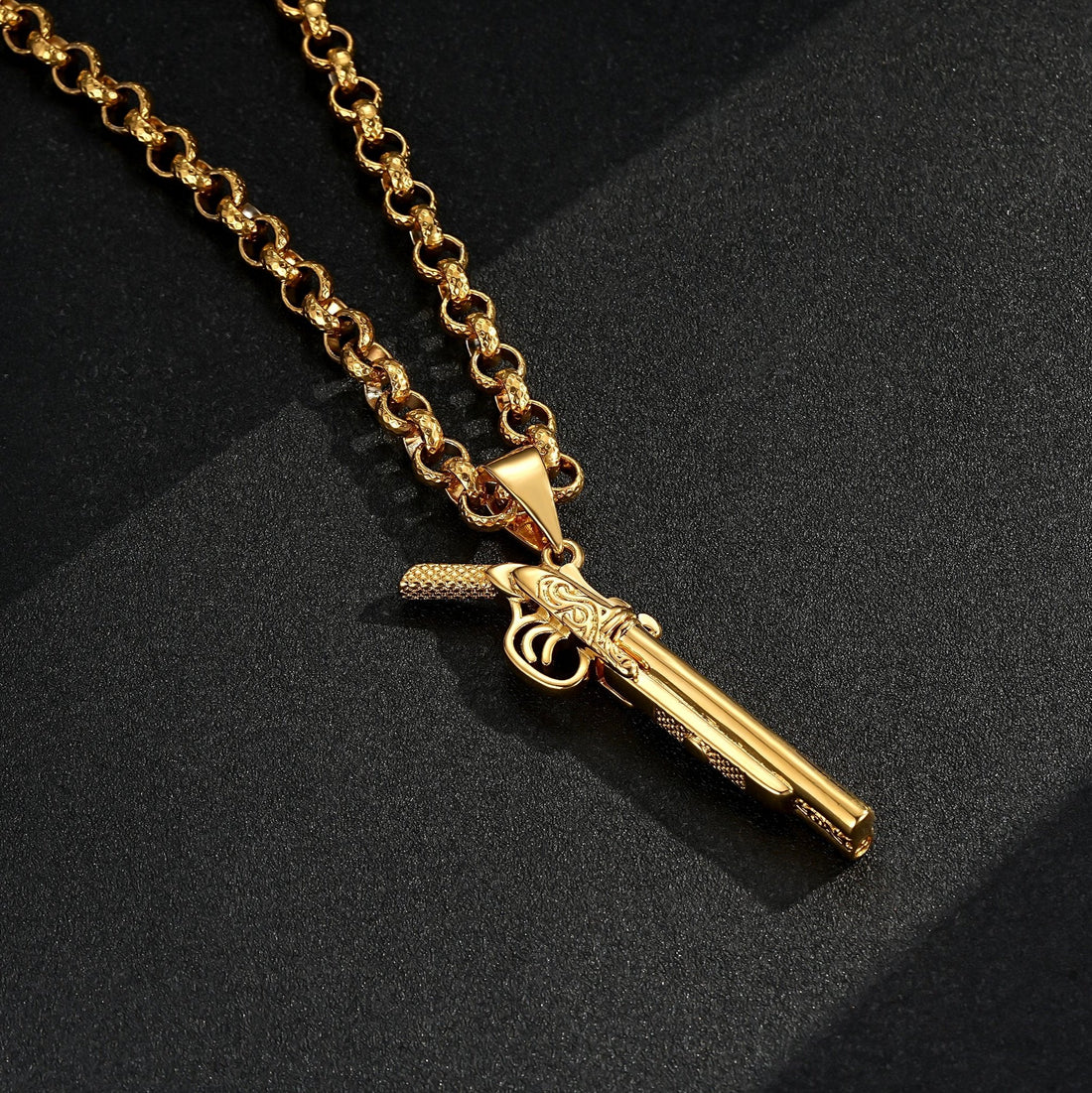 Gold Double Barrel Shotgun Pendant 22 Inches