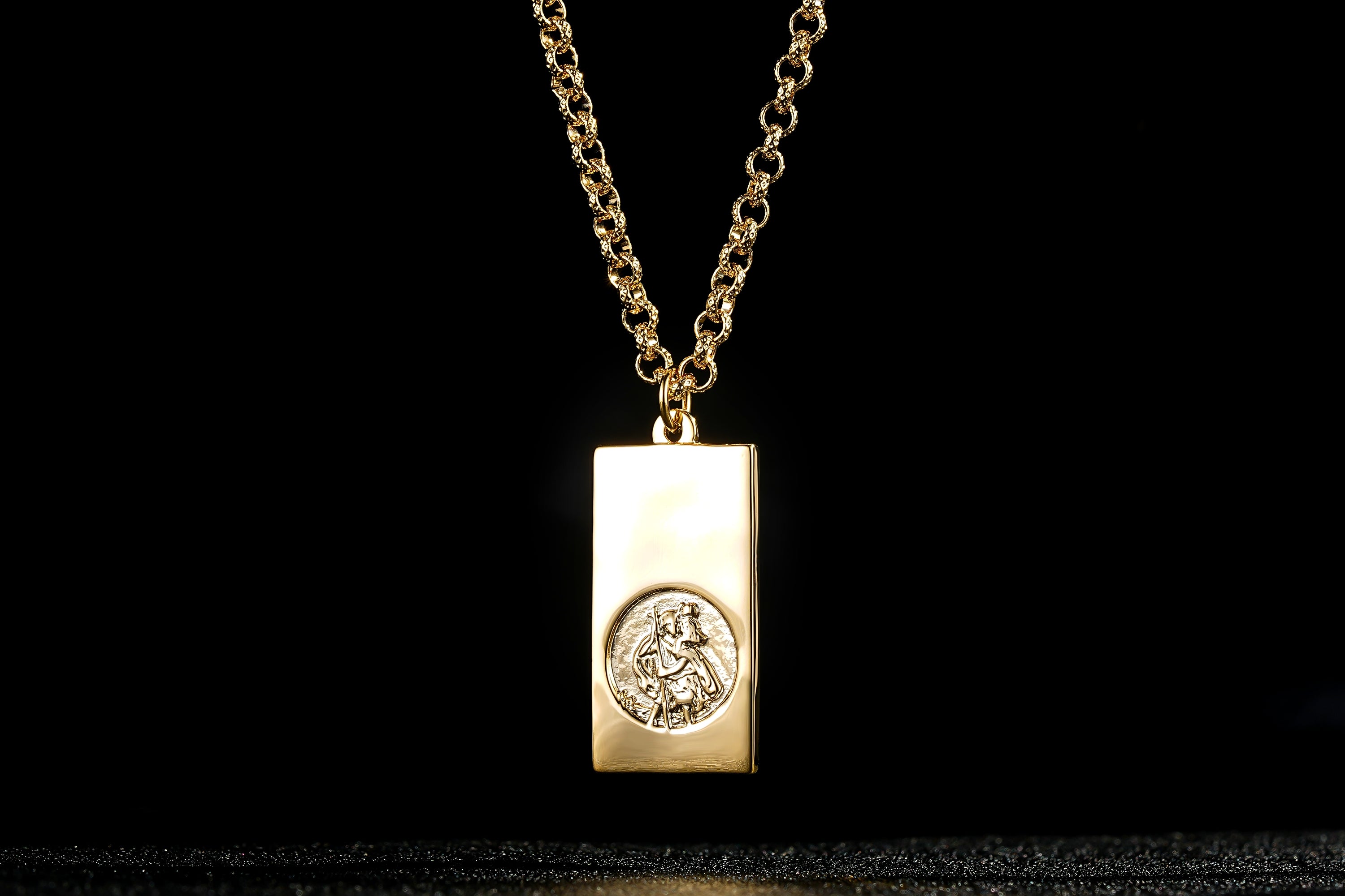 Gold St Christopher Ingot Bar Pendant 22 Inches