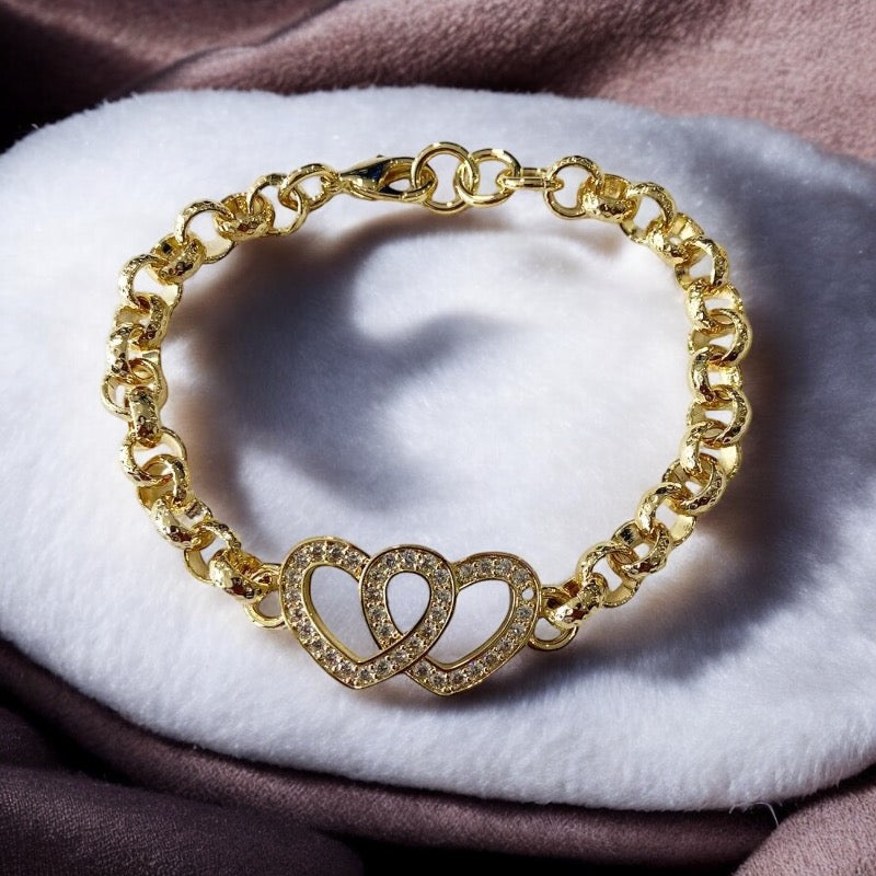 Lightweight gold double heart Belcher bracelet, 8mm wide, 6-6.5 inches, 26 grams, for smaller wrists.