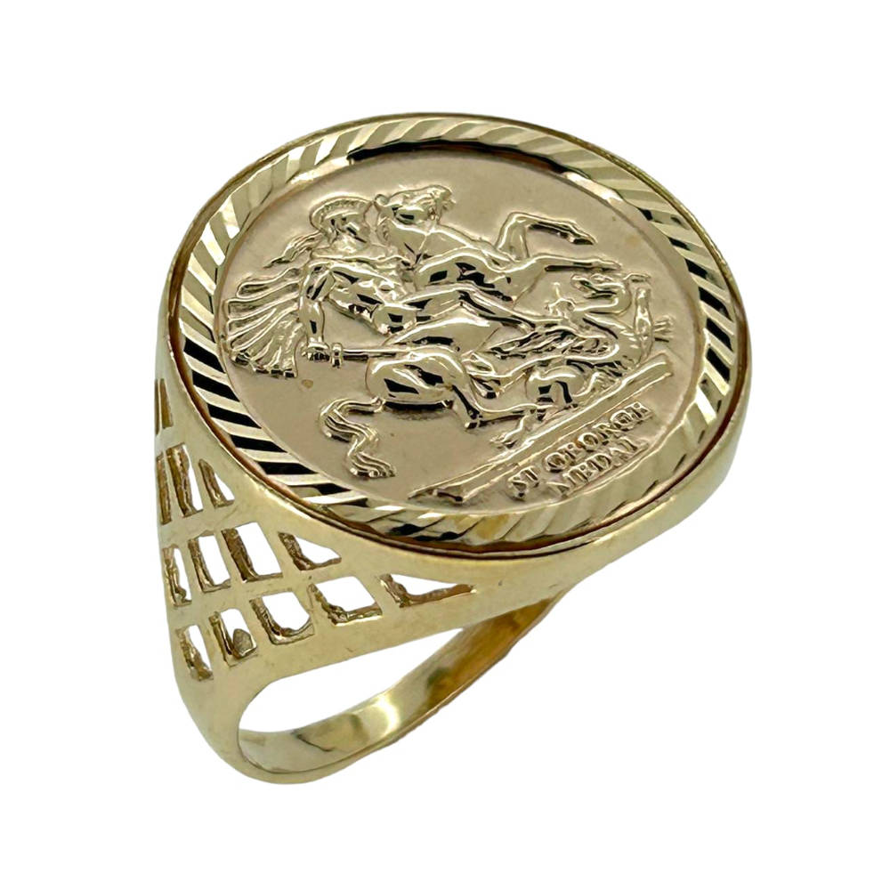 9ct gold sovereign ring on a white background