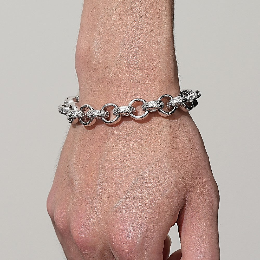 8-inch big silver crystal Belcher bracelet, 12mm wide, 50 grams.