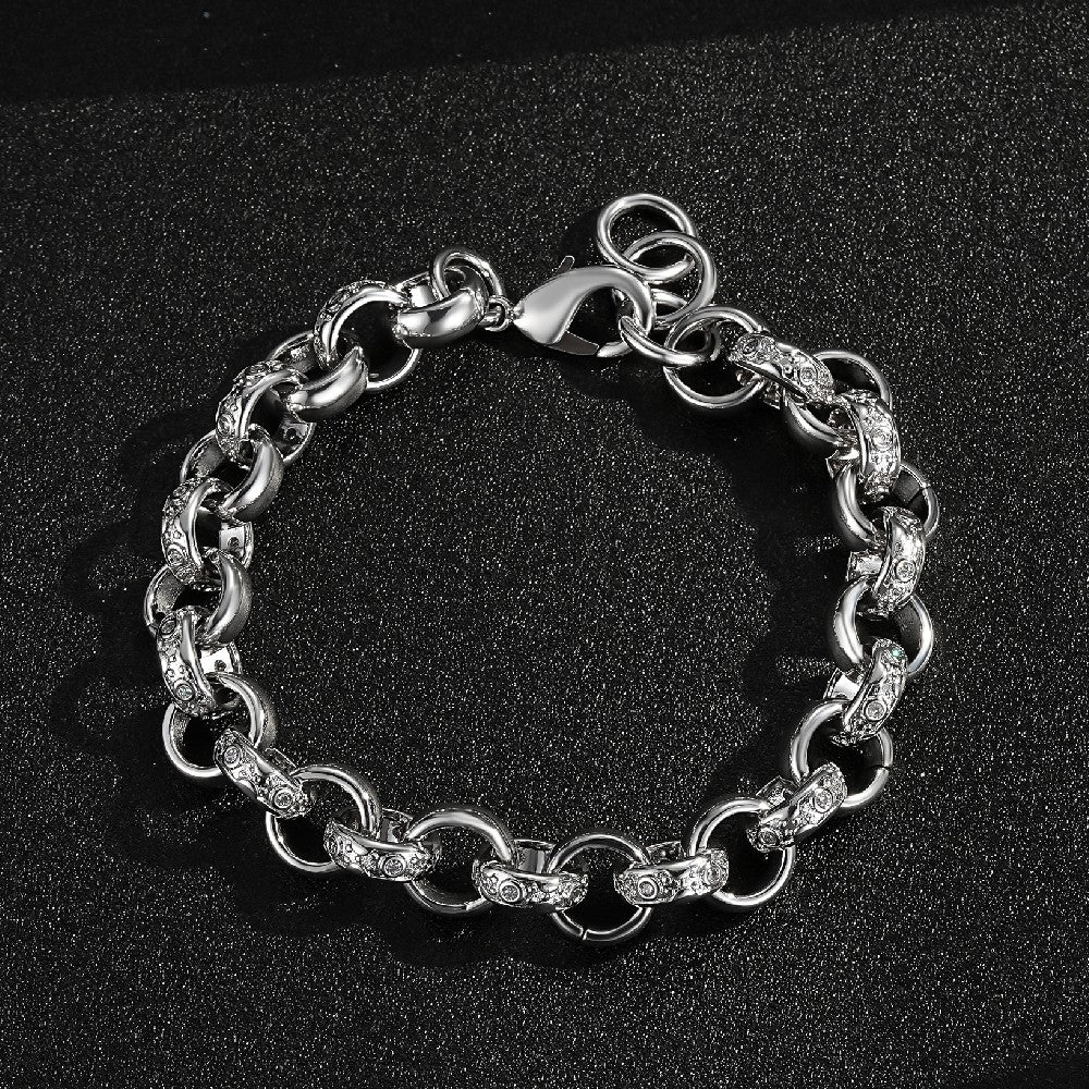 12mm wide big silver crystal Belcher bracelet, 8 inches long, 50 grams.