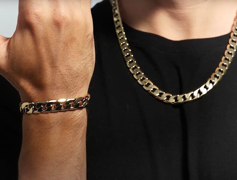 Luxury Gold 12mm Cuban Curb Chain and Bracelet Set (24 &amp; 9 Inches)