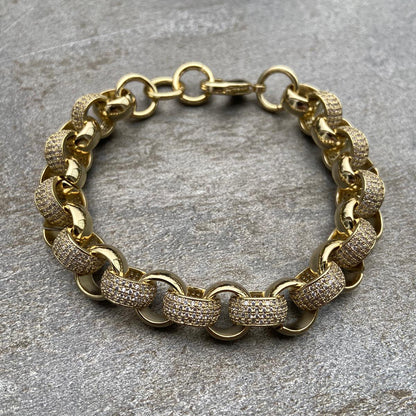 12mm Gold Pattern Belcher Bracelet Stones 8/9 Inch