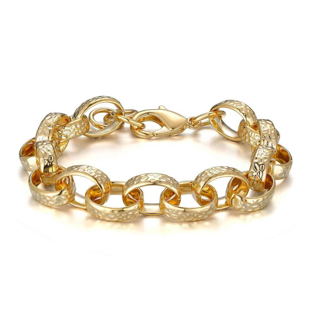 10mm wide gold oval Belcher bracelet, 7-8 inches, 22 grams, hammered pattern.