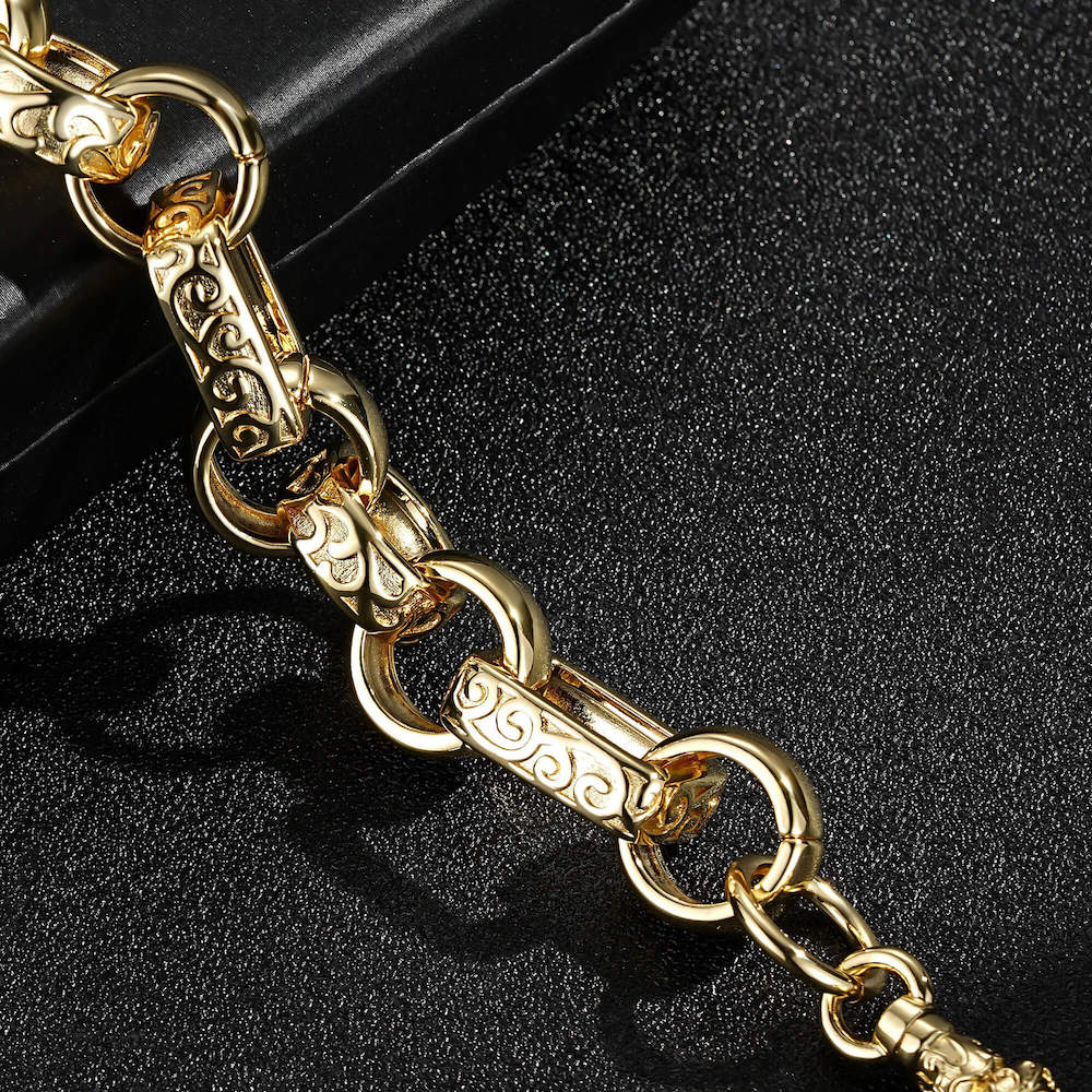 Luxury XXL Gold 18mm Ornate Gypsy Link Belcher Bracelet with Albert Clasp