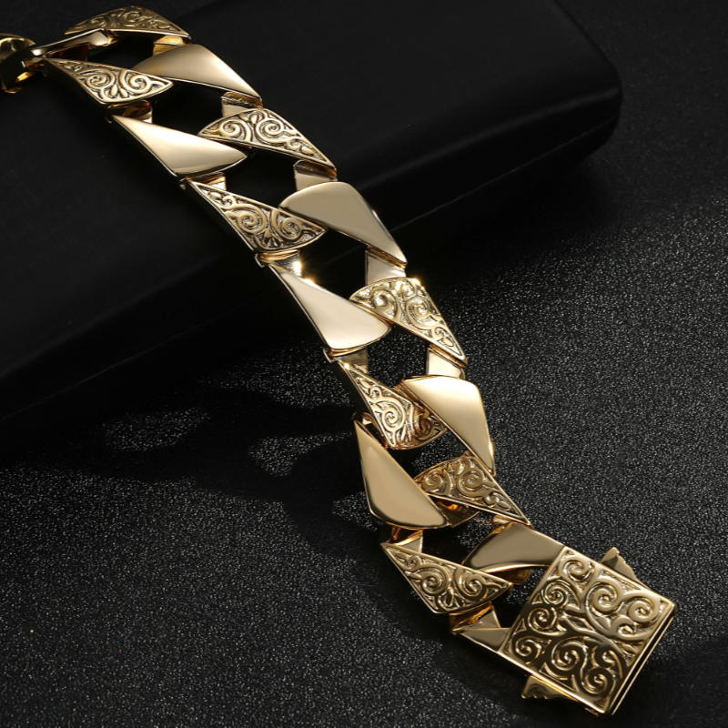 UPGRADED Heavy XXL 24mm Gold Ornate Etched Square Chaps Cuban Curb Bracelet