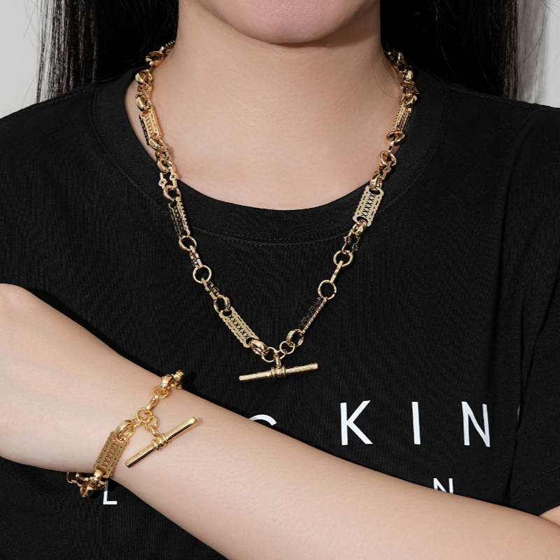 Luxury Set Gold Stars and Bars T-Bar Chain Necklace and Bracelet