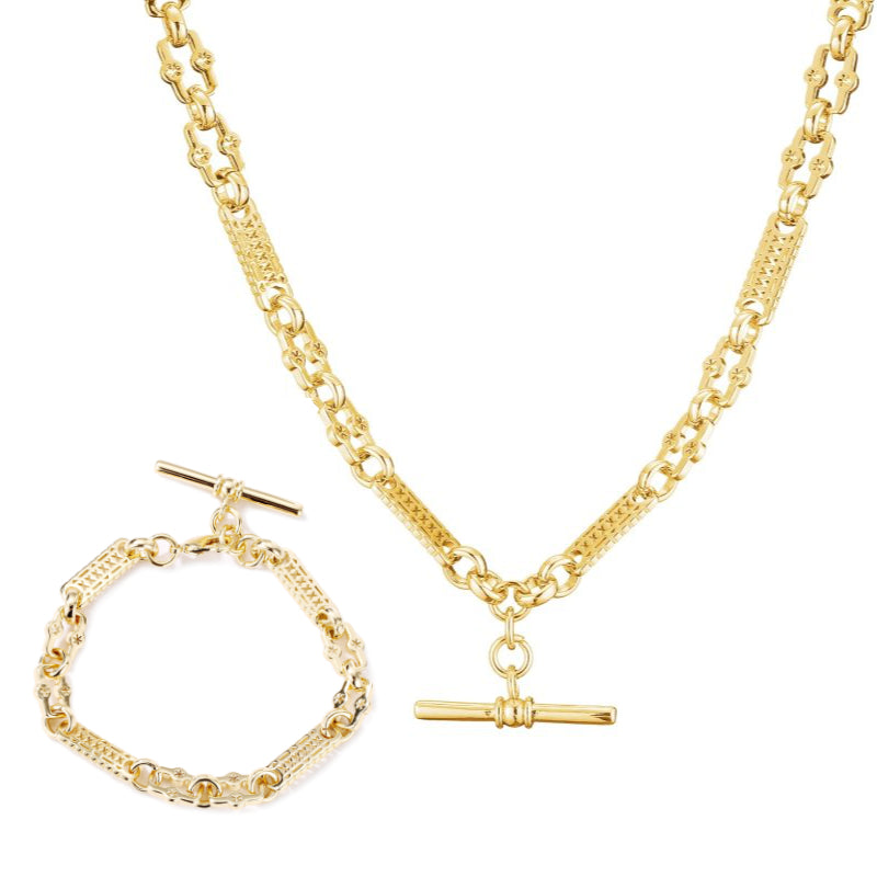 Luxury Set Gold Stars and Bars T-Bar Chain Necklace and Bracelet