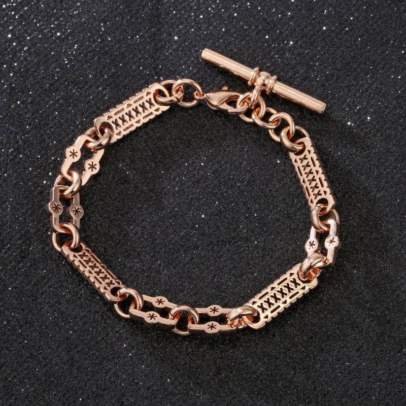 Rose gold stars and bars bracelet, 9mm wide, 8-8.5 inches, 22 grams.