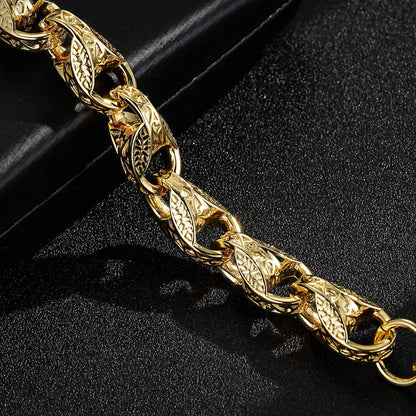 Gold-filled tulip bracelet, 15mm width, 8-8.5 inches, 106 grams, 3D pattern.