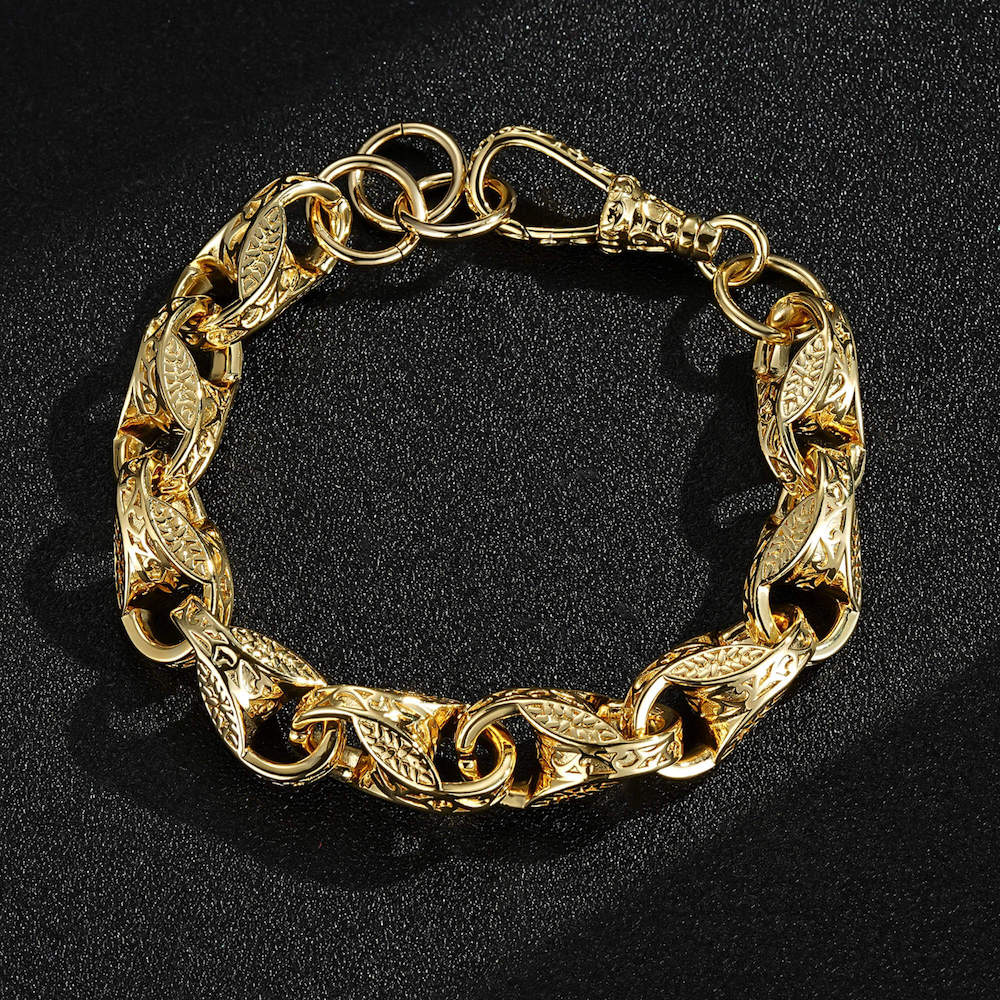 Big gold tulip bracelet, 15mm wide, 8-8.5 inches long, 106 grams.