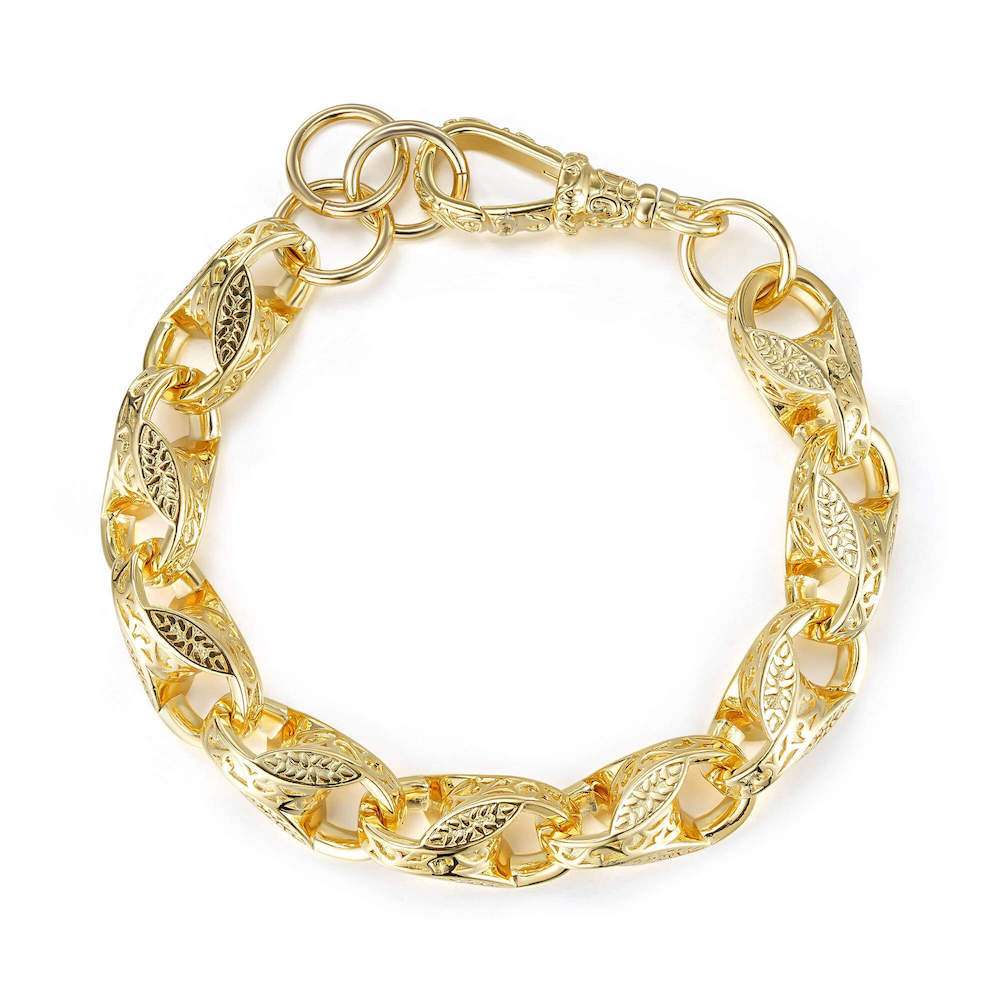 Gold patterned tulip bracelet, 8-8.5 inches, 15mm wide, 106 grams.