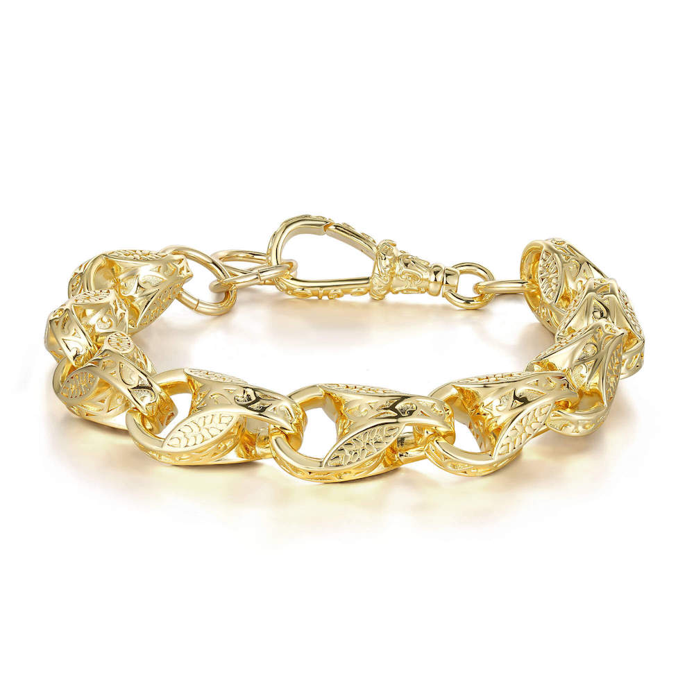 15mm wide gold tulip bracelet, 8-8.5 inches long, 106 grams, 3D design.