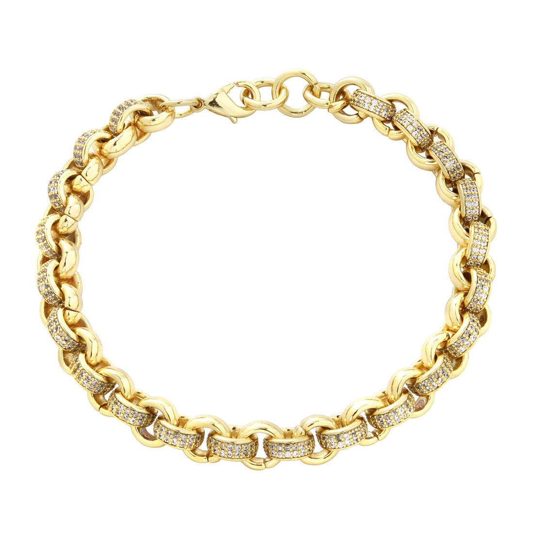 Gold-filled Belcher bracelet with CZ stones, 6-inch length, 8mm width, 50g.