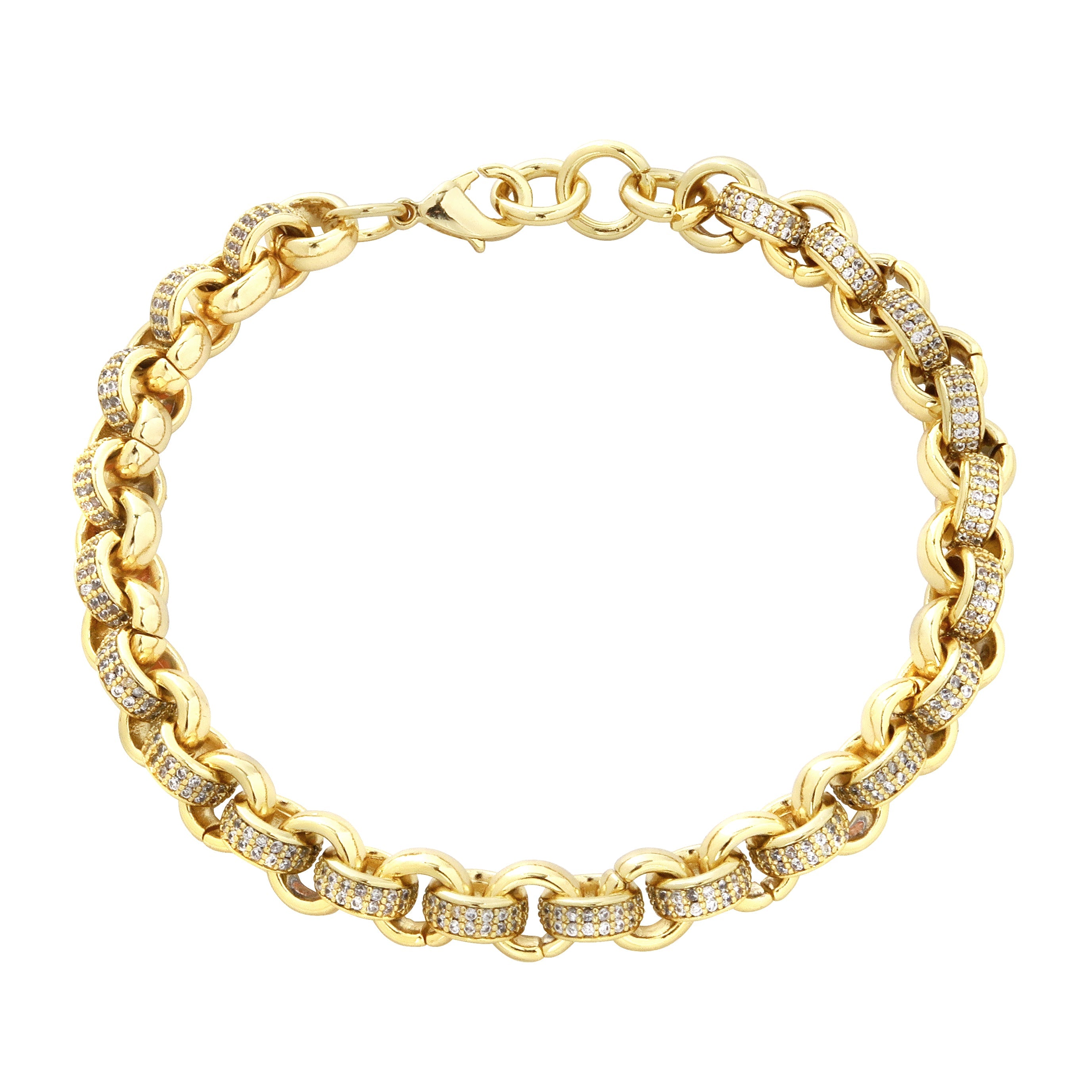 Gold-filled Belcher bracelet with CZ stones, 6-inch length, 8mm width, 50g.