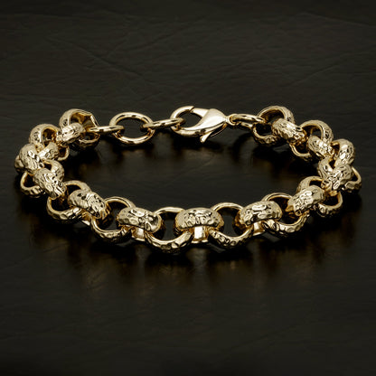 12mm wide gold Belcher bracelet, 8-inch length, 51 grams, diamond cut pattern.