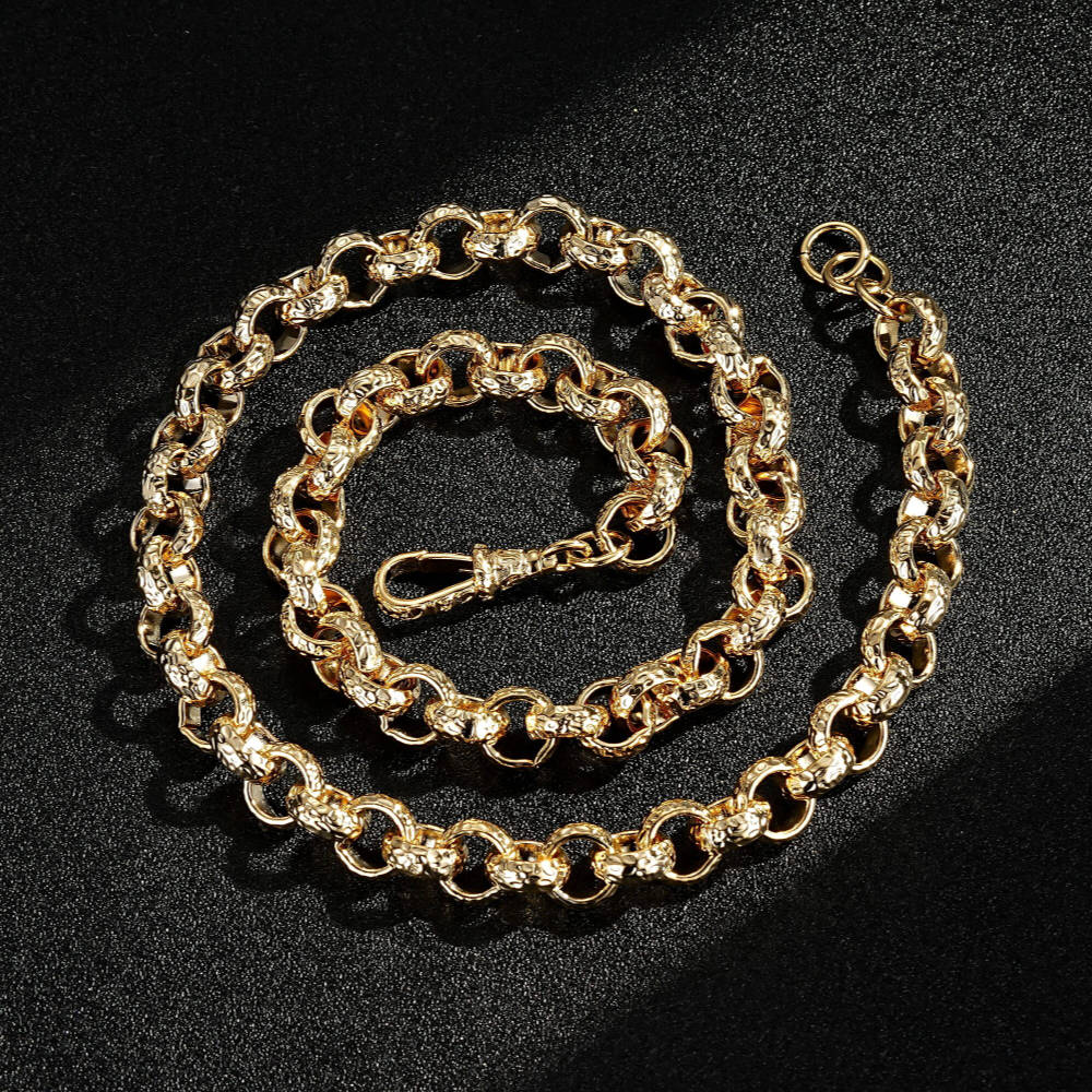 Luxury Gold 12mm Diamond Cut Pattern Belcher Chain and Bracelet with Albert Clasp Set (24 &amp; 8 Inches)