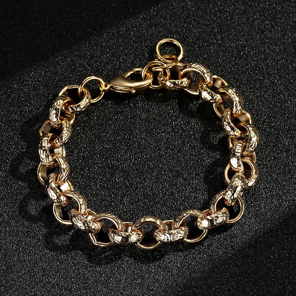 	8-inch big gold Belcher bracelet, 12mm wide, diamond cut pattern, 51 grams.