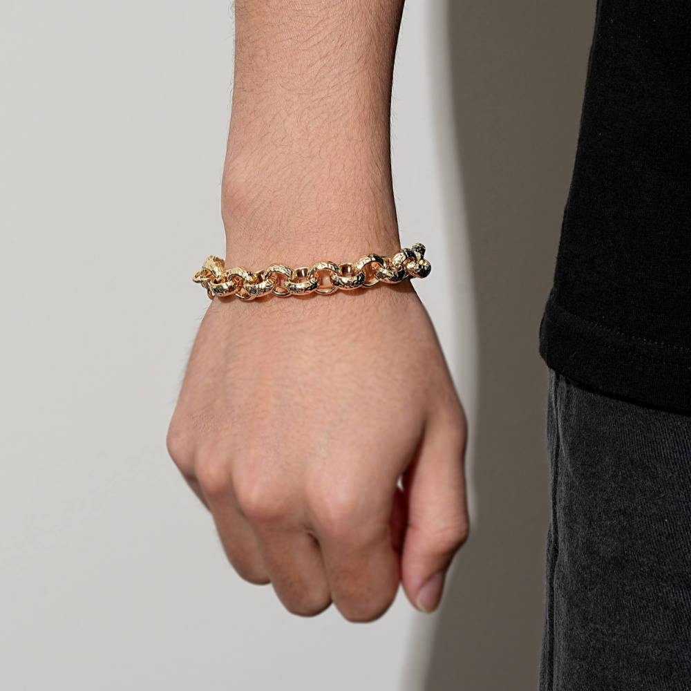 Lightweight gold-filled Belcher bracelet, 12mm width, 8 inches long, 51 grams.