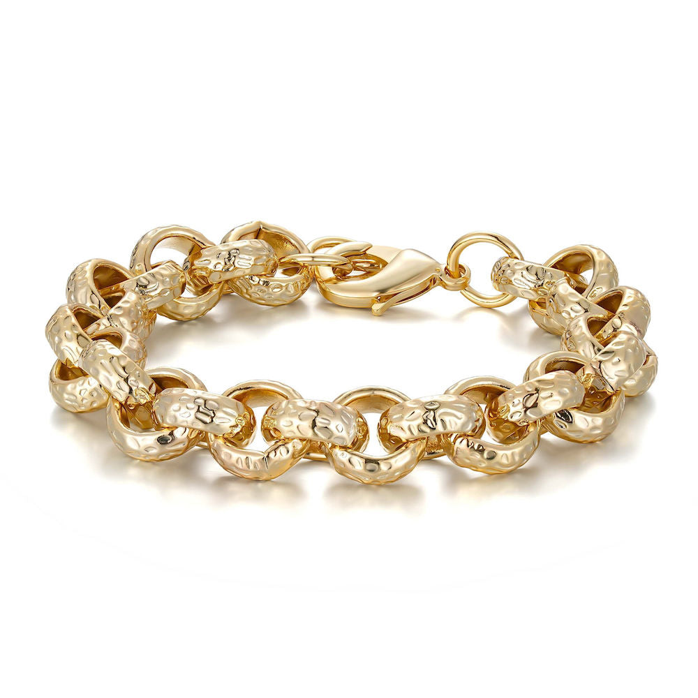 Gold diamond cut pattern Belcher bracelet, 12mm wide, 8 inches, 51 grams.