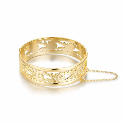 Luxury Gold Filigree Bangle Bracelet with Safety chain