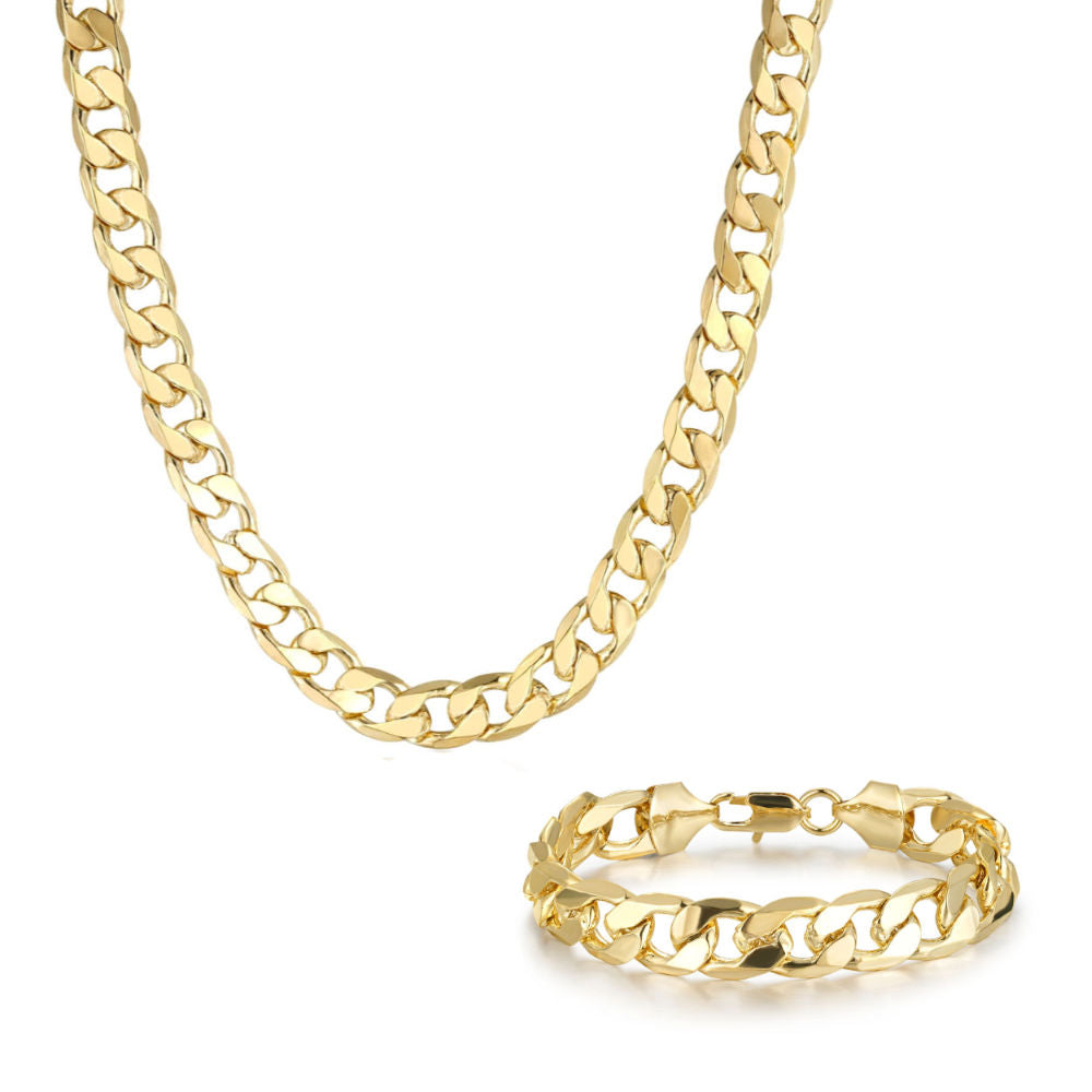 Luxury Gold 12mm Cuban Curb Chain and Bracelet Set (24 &amp; 8 Inches)
